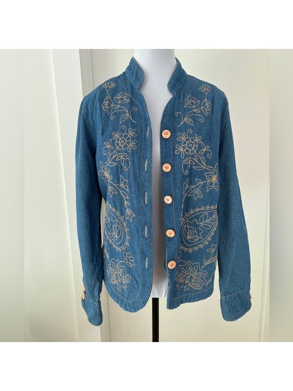 RUBY RD. Denim Embroidered Jacket Mandarin Collar Contrast Cuff Western Boho